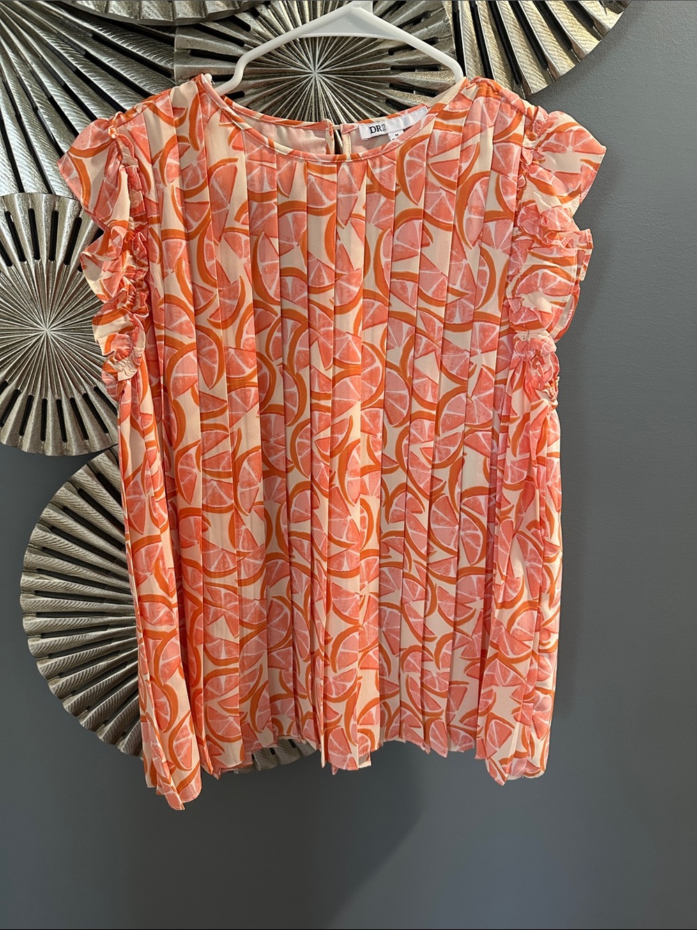 DR2 Orange and Pink Pleated Flutter Sleeve Blouse
